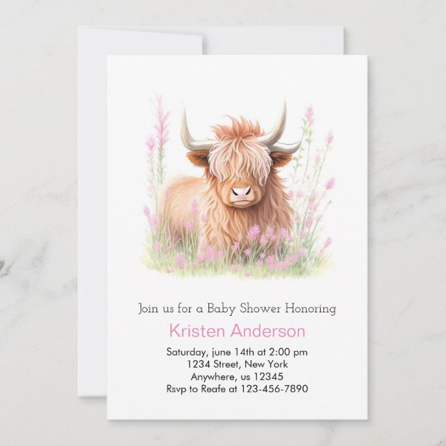 Cute Pink Highland Cow Wildflower Girl Baby Shower Invitation (Front)