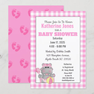 Cute Pink Hippo Baby Shower  Invitation