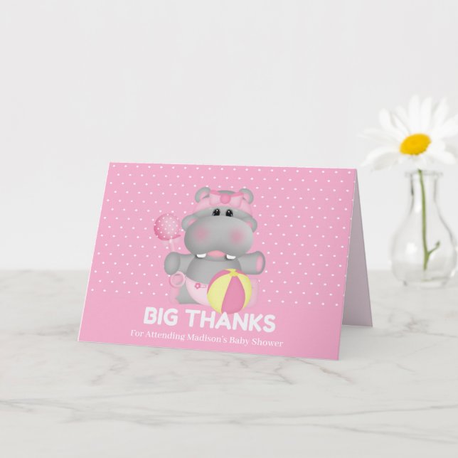 Cute Pink Hippo Big Thanks Thank You Card (Small Plant)