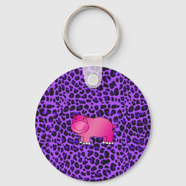 Cute pink hippo purple leopard pattern key ring (Front)