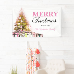 Cute Pink Holiday Tree Merry Christmas Party Banner