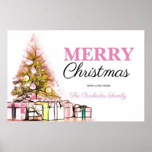 Cute Pink Holiday Tree Merry Christmas Party Poster