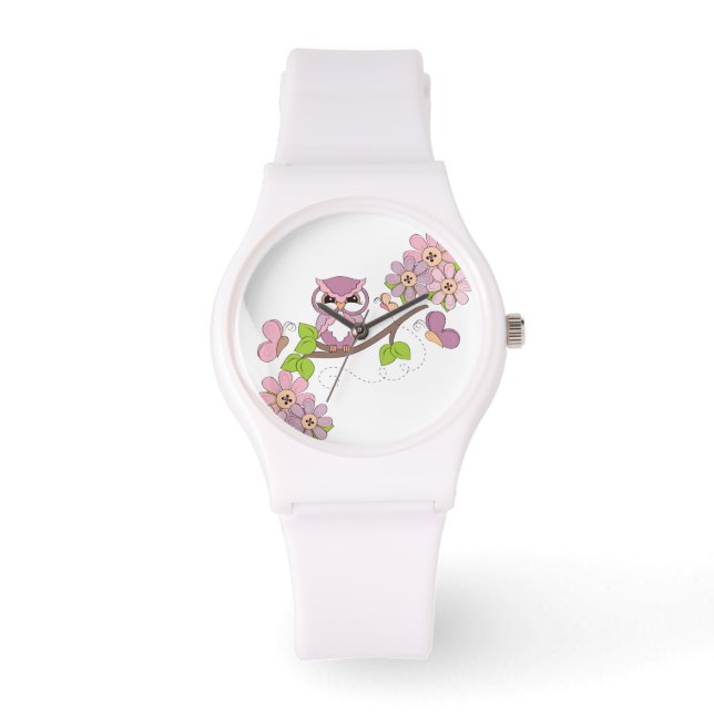 Cute Pink Hoot Owl on Branch Watch (Front)