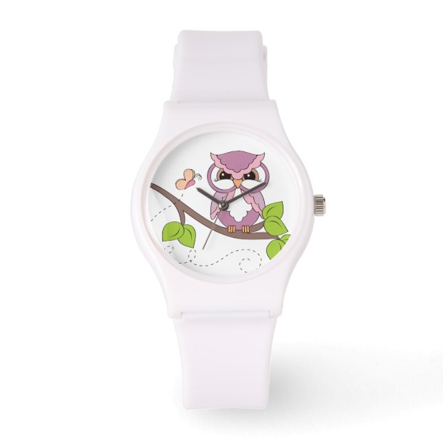 Cute Pink Hoot Owl on Branch Watch (Front)