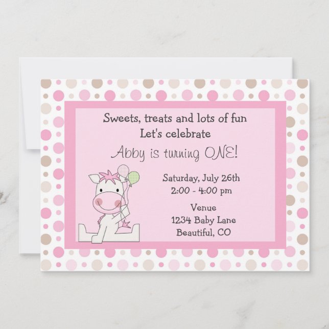 Cute Pink Horse 1st Birthday Invitation for Girls (Front)
