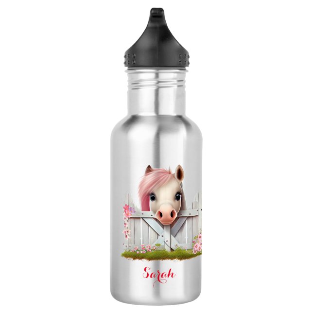Cute Pink Horse Farm Kids Personalised  532 Ml Water Bottle (Right)