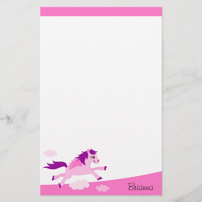 Cute pink horse with wings personalised name stationery (Front)