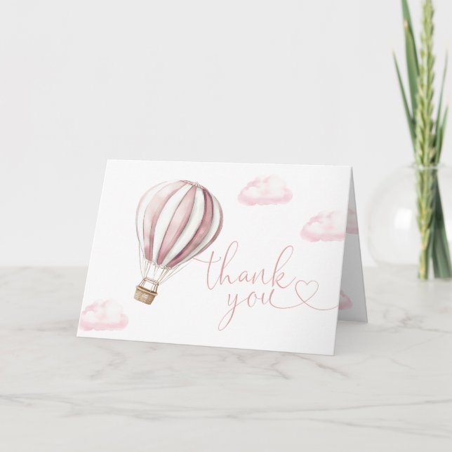 Cute Pink Hot Air Balloon Baby Shower Thank You Card (Front)