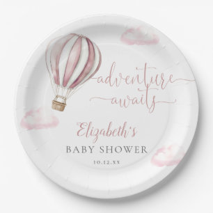 Cute Pink Hot Air Balloon Girl Baby Shower Paper Plate