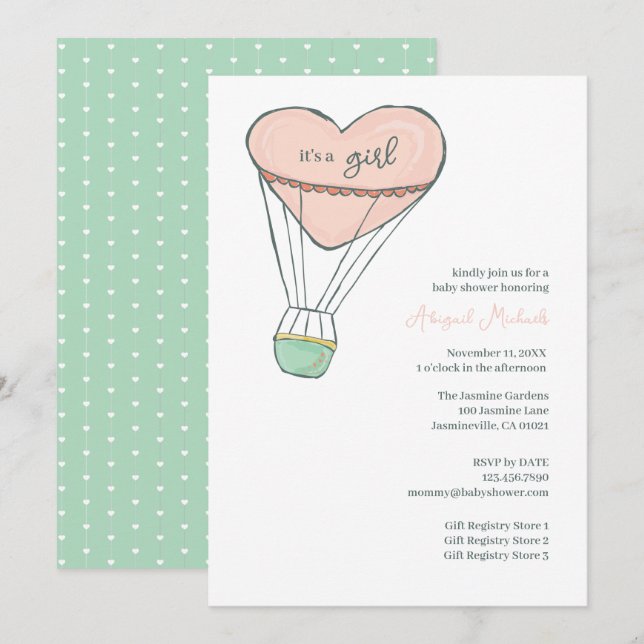 Cute Pink Hot Air Balloon It's A Girl Baby Shower Invitation (Front/Back)