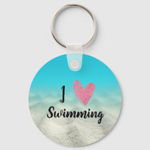 Cute Pink I Love Swimming Blue Underwater Photo Key Ring