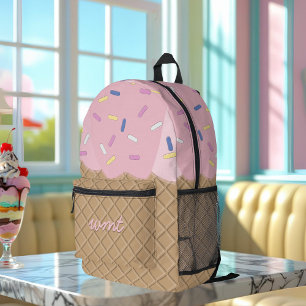 Cute Pink Ice Cream Cone Monogram Printed Backpack