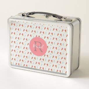 Cute Pink Ice Cream Pattern with Monogram Name  Metal Lunch Box