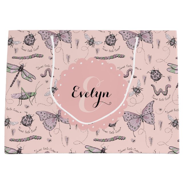 Cute Pink Insects Monogram Girl Large Gift Bag (Front)