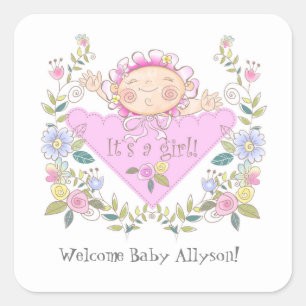 Cute Pink It's A Girl Baby Shower Favours Square Sticker