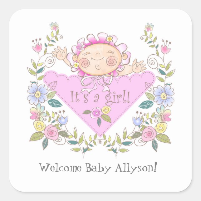 Cute Pink It's A Girl Baby Shower Favours Square Sticker (Front)