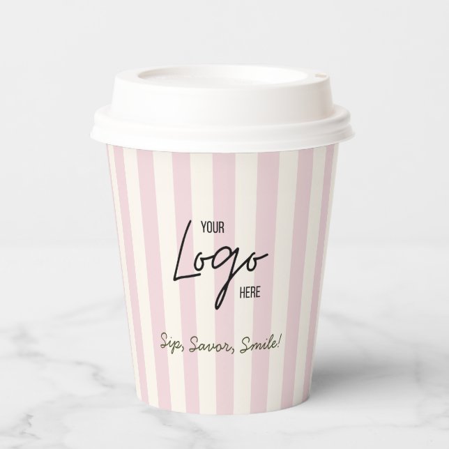 Cute Pink & Ivory Stripes Bakery Cafe Logo  Paper Cups (Front)