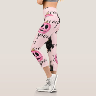 Cute Pink Jack-o'-Lantern and Black Cat Pattern Capri Leggings