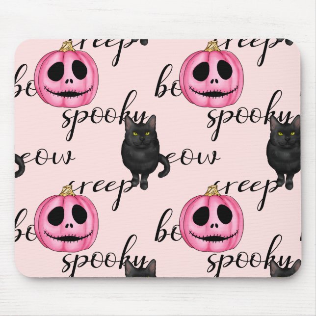 Cute Pink Jack-o'-Lantern and Black Cat Pattern Mouse Mat (Front)