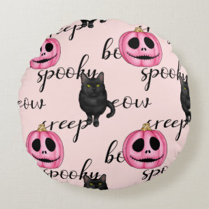 Cute Pink Jack-o'-Lantern and Black Cat Pattern Round Cushion