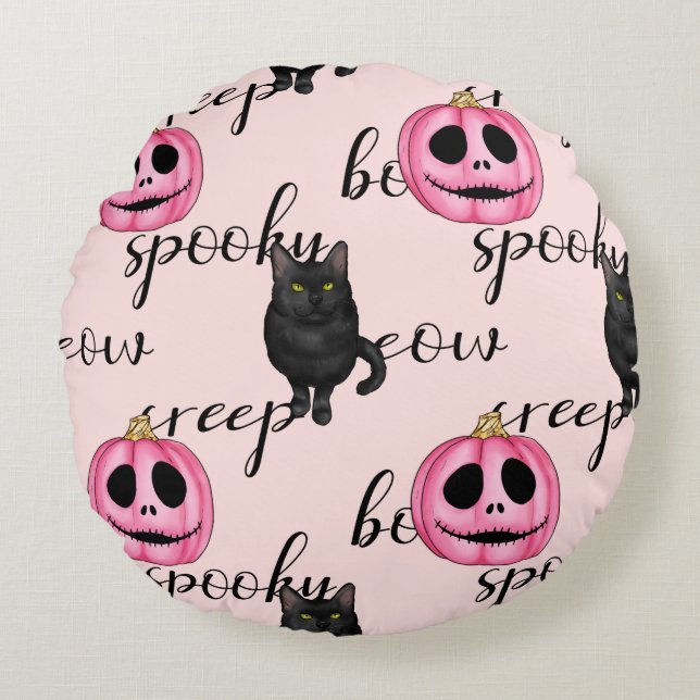 Cute Pink Jack-o'-Lantern and Black Cat Pattern Round Cushion (Front)