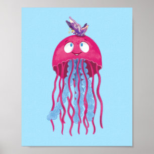 Cute Pink Jellyfish Cartoon Character Graphic Poster