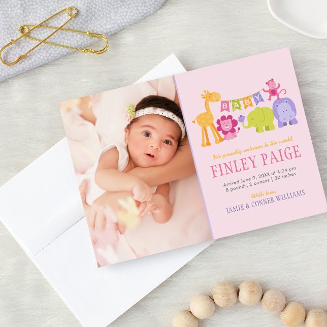 Cute Pink Jungle Animals Baby Girl Photo Birth Announcement (Creator Uploaded)