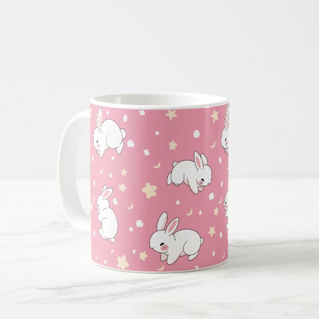 Cute Pink Kawaii Bunny Doodle Coffee Mug (Front Left)