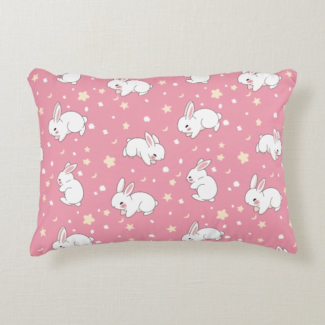 Cute Pink Kawaii Bunny Doodle Decorative Cushion (Front)