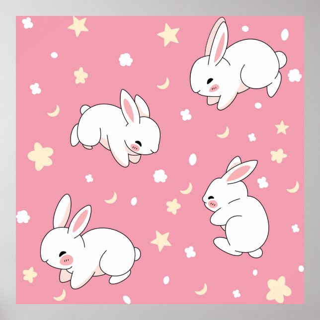 Cute Pink Kawaii Bunny Doodle Poster (Front)