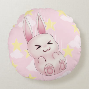 Cute pink Kawaii Bunny rabbit falling from stars Round Cushion