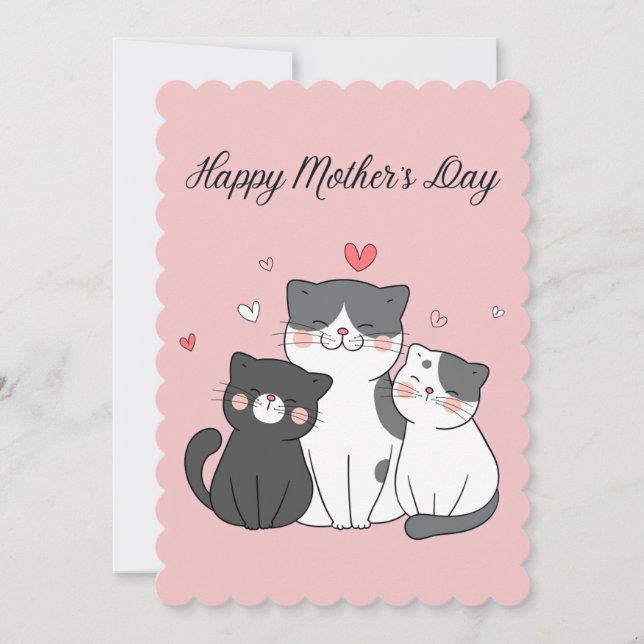 Cute Pink Kawaii Cat Mum and Kitten Mother's Day Holiday Card (Front)