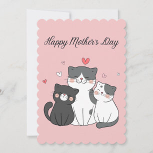 Cute Pink Kawaii Cat Mum and Kitten Mother's Day Holiday Card