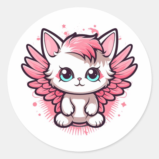 Cute Pink Kawaii Cat with Wings Classic Round Sticker (Front)