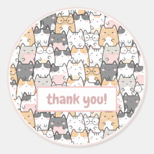 Cute Pink Kawaii Cats Kittens Pattern Thank You Classic Round Sticker