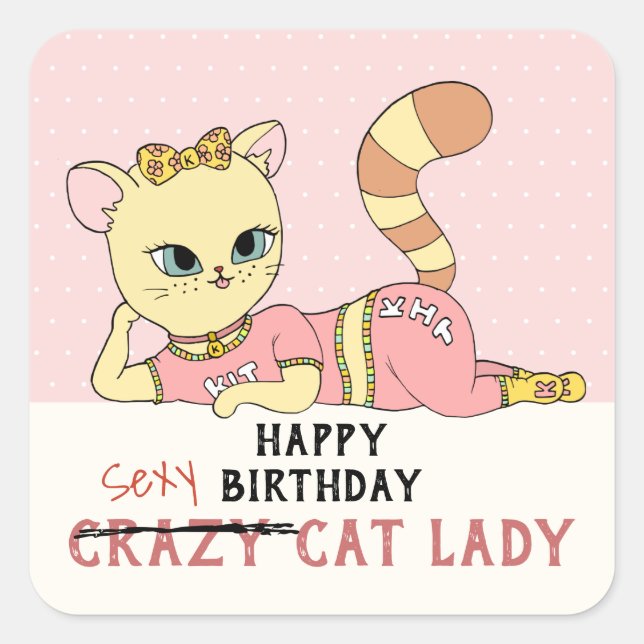 Cute Pink Kawaii Crazy Cat Lady Happy Birthday Square Sticker (Front)