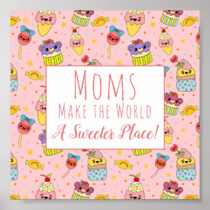 Cute Pink Kawaii Cupcake Pattern Mother's Day Poster