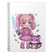 Cute Pink Kawaii Demon Hunter Girl with Magic Swor