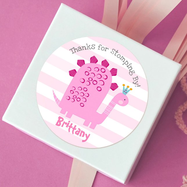 Cute Pink Kawaii Dinosaur Girl Birthday Thank You Classic Round Sticker (Creator Uploaded)