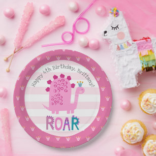 Cute Pink Kawaii Dinosaur Roar Girl Birthday Name Paper Plate