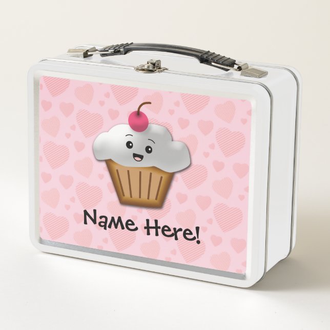 Cute Pink Kawaii Happy Face Cupcake Girls Metal Lunch Box (Front)