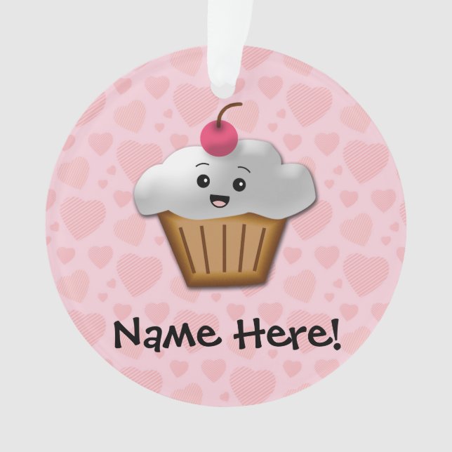 Cute Pink Kawaii Happy Face Cupcake Girls Ornament (Front)