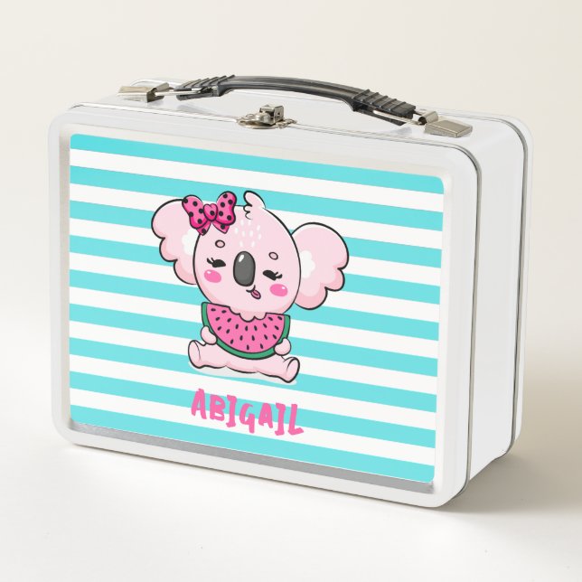 Cute Pink Kawaii Koala Watermelon Aqua Stripes Metal Lunch Box (Front)