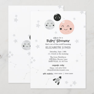 Cute Pink Kawaii Planet and Moons Baby Shower Invitation