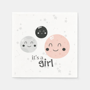 Cute Pink Kawaii Planet and Moons Baby Shower Napkin