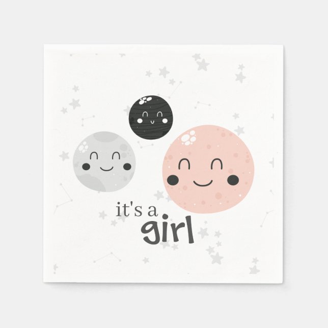 Cute Pink Kawaii Planet and Moons Baby Shower Napkin (Front)