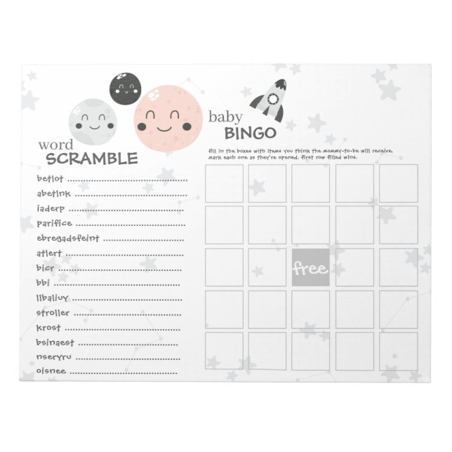 Cute Pink Kawaii Planet & Moons Baby Shower Games Notepad (Front)