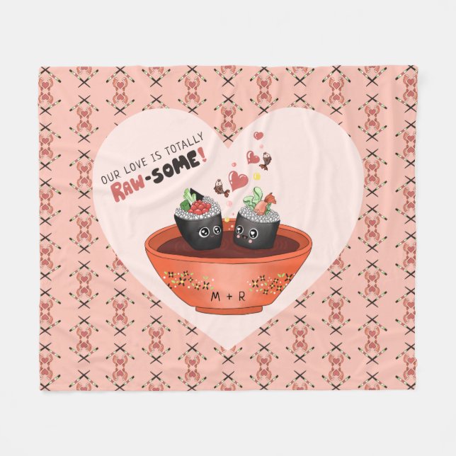 Cute Pink Kawaii Sushi in Love Valentine's Day Fleece Blanket (Front (Horizontal))
