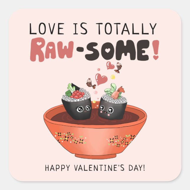 Cute Pink Kawaii Sushi Love Kids Valentine's Day Square Sticker (Front)