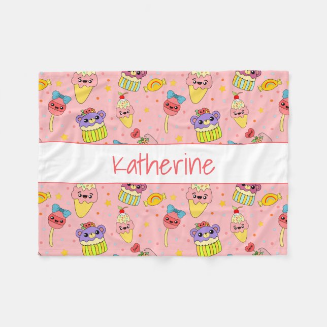 Cute Pink Kawaii Sweet Food Cartoon Pattern Kids Fleece Blanket (Front (Horizontal))